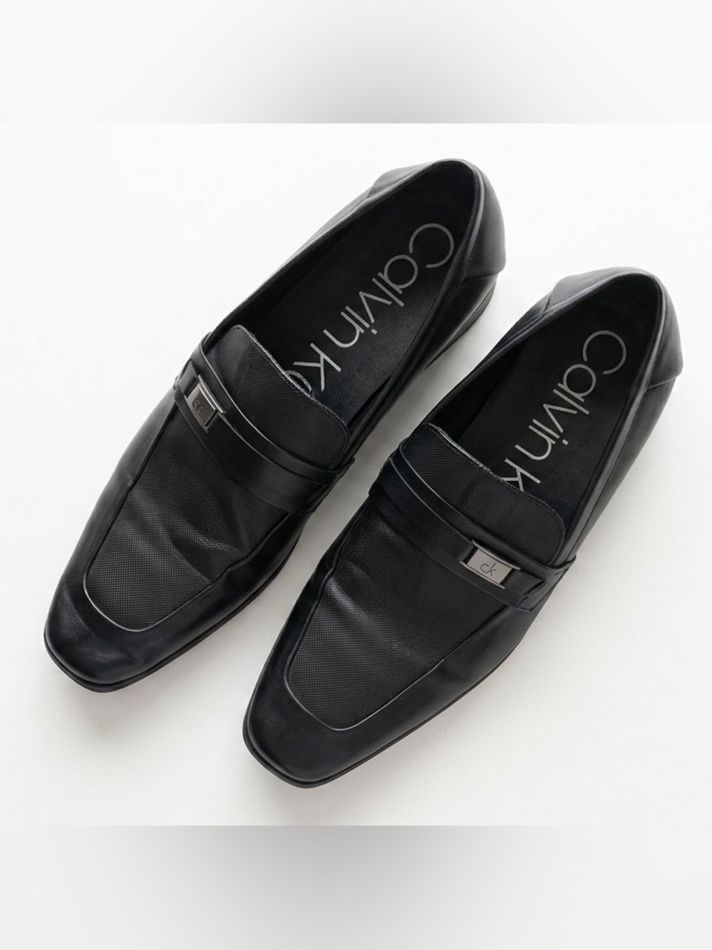 Calvin Klein Men’s Black Textured Leather Loafers Slip On Dress Shoes Size 13